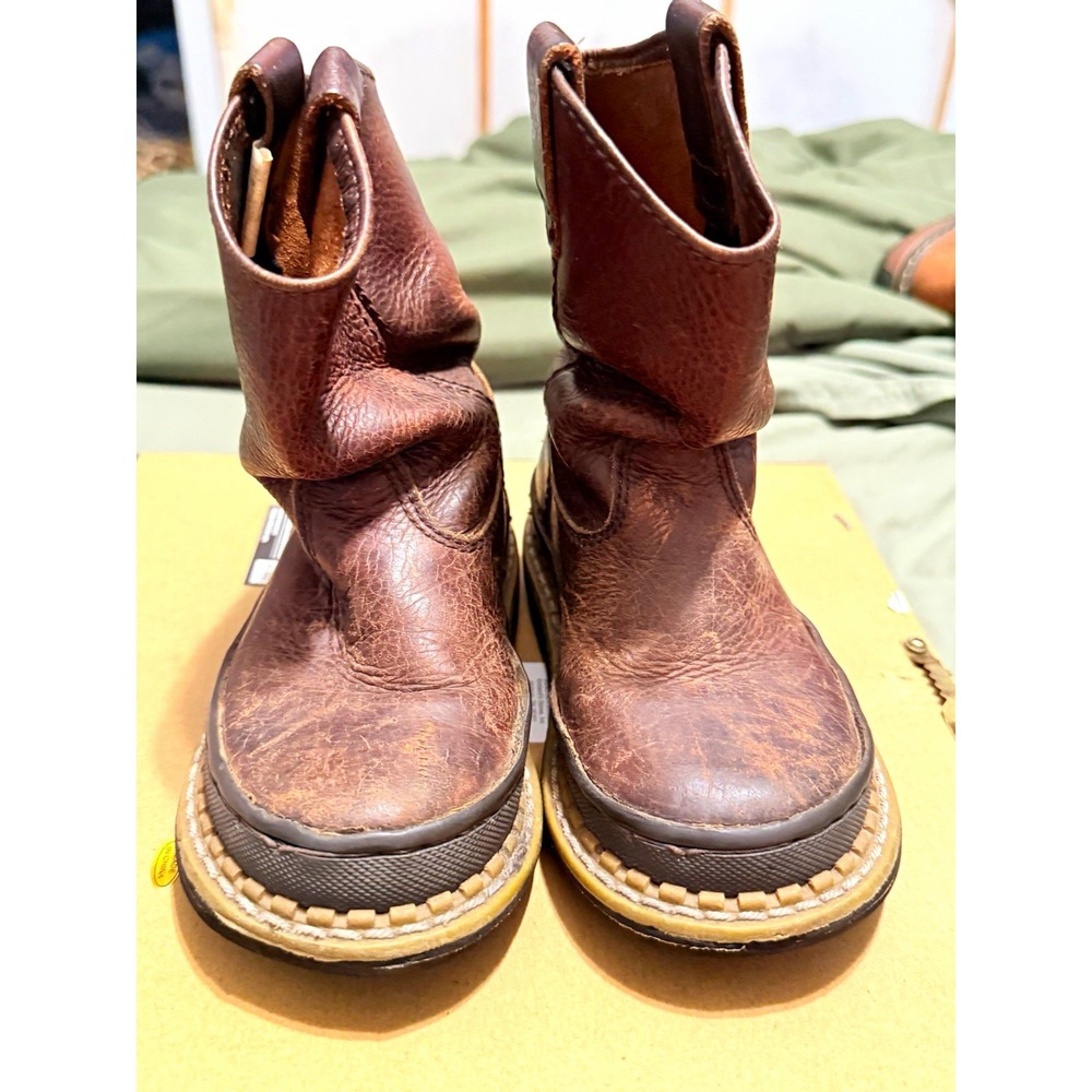Men's Brown Leather Pull-On Ankle Work Boots Round Toe Rubber Lug Sole 10